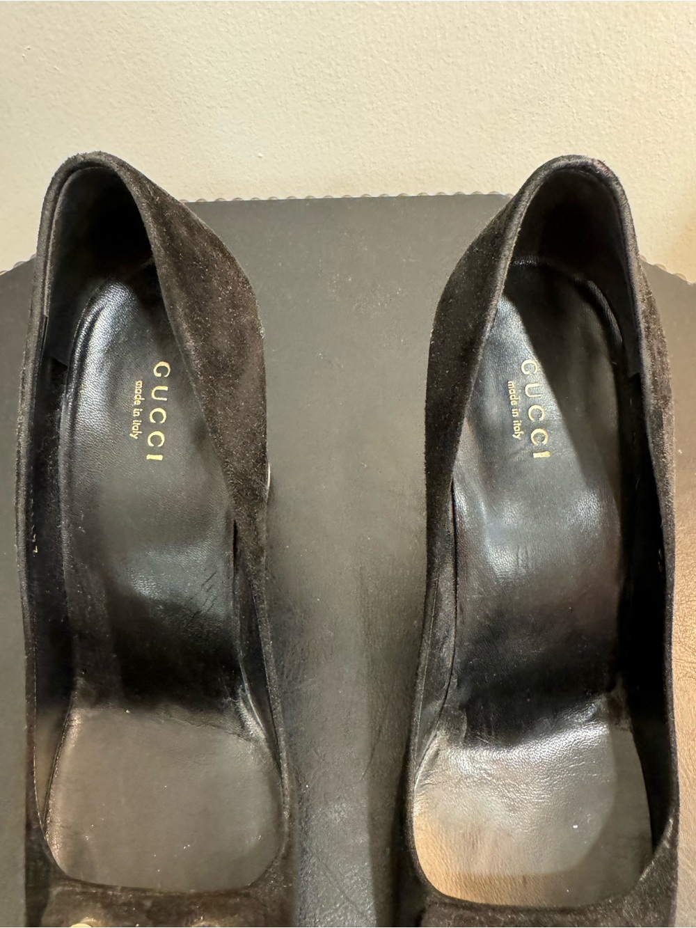 Gucci Vintage Black Suede Block Heels with Gold Button Detail - Picture 7 of 10